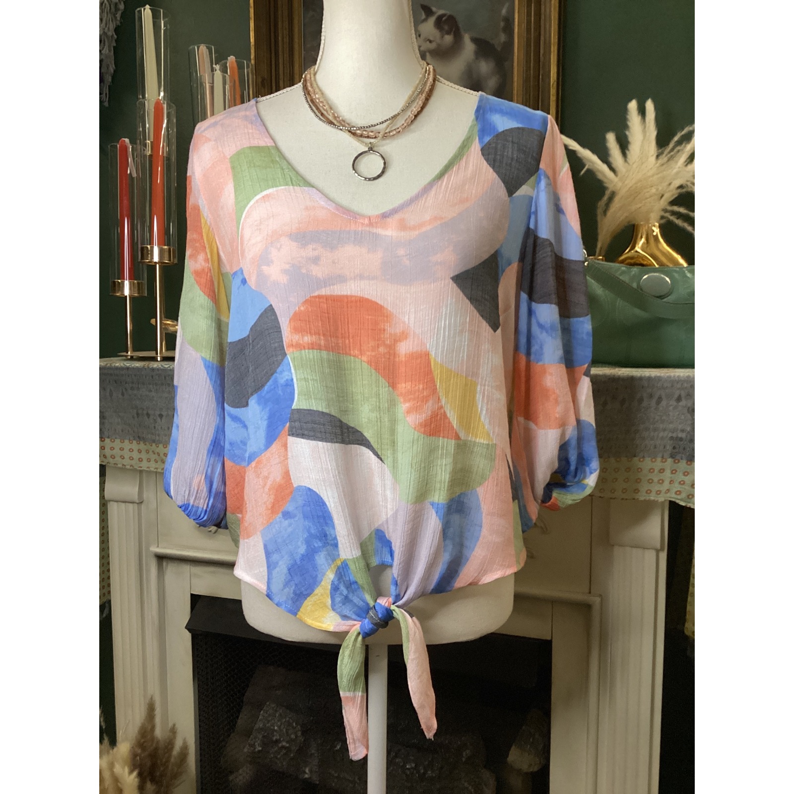 Olivia & Martin Women Small Abstract Pastel Tie Front V-Neck Blouse